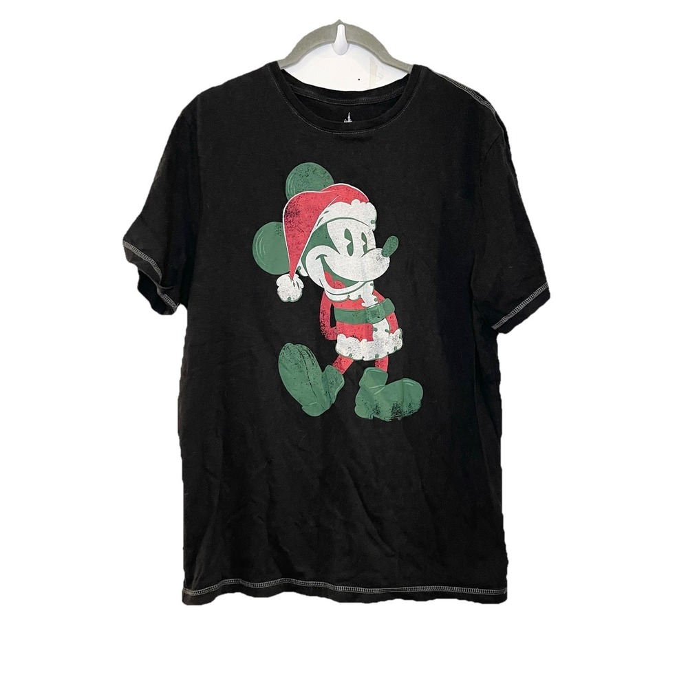 Vintage Mickey Mouse Merry Christmas T-Shirt Holiday Santa Hat Crew Short Sleeve